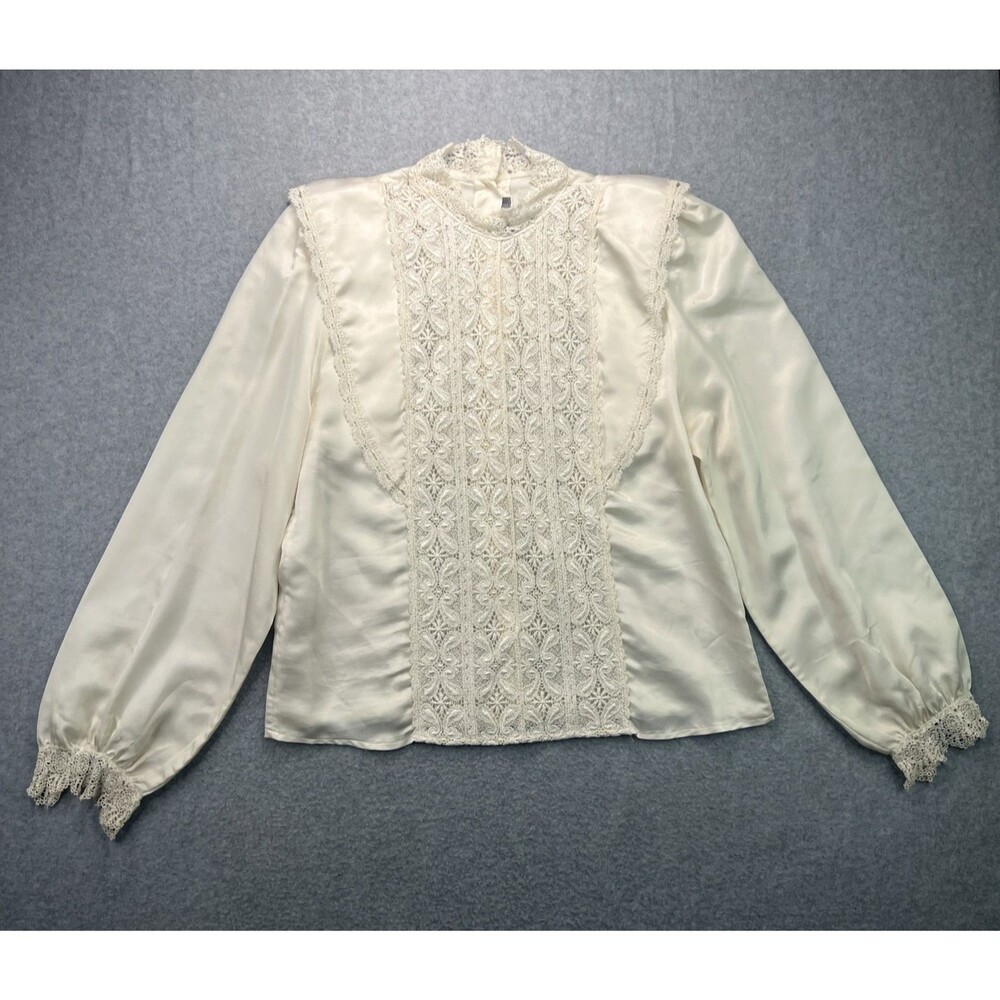 Sonya Ratay San Andre Satin Blouse Lace Panel L Ivory Victorian Revival Romantic